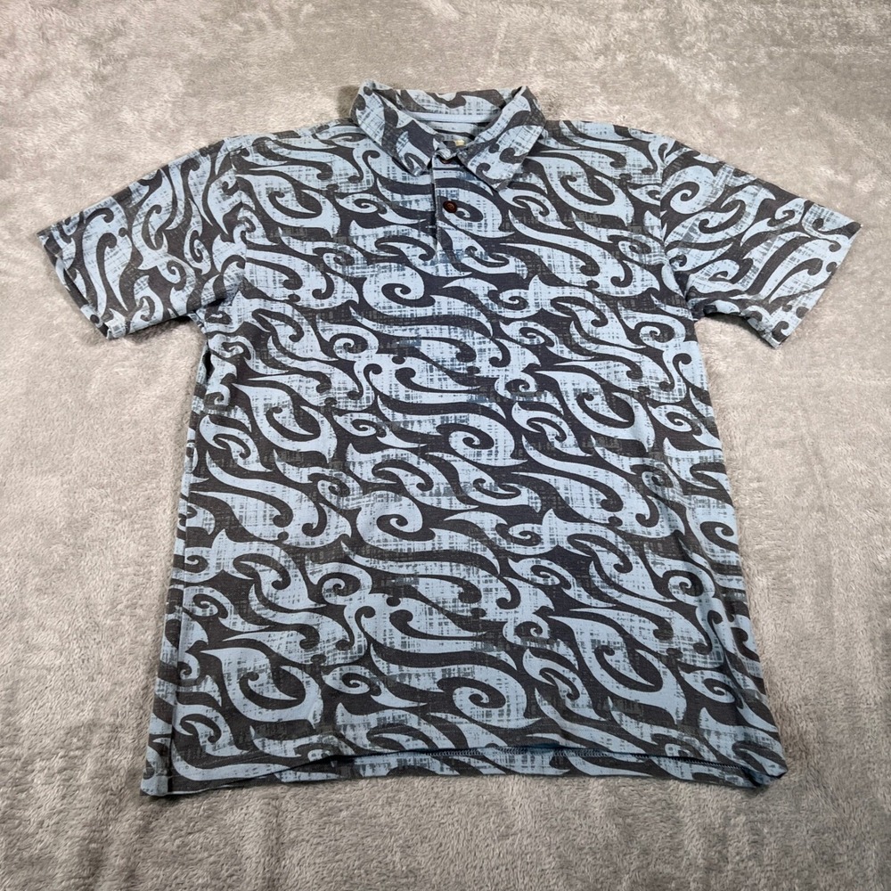 Crazy Shirts Hawaiian Polo Mens Medium Blue Tribal Print‎ Cotton Short Sleeve